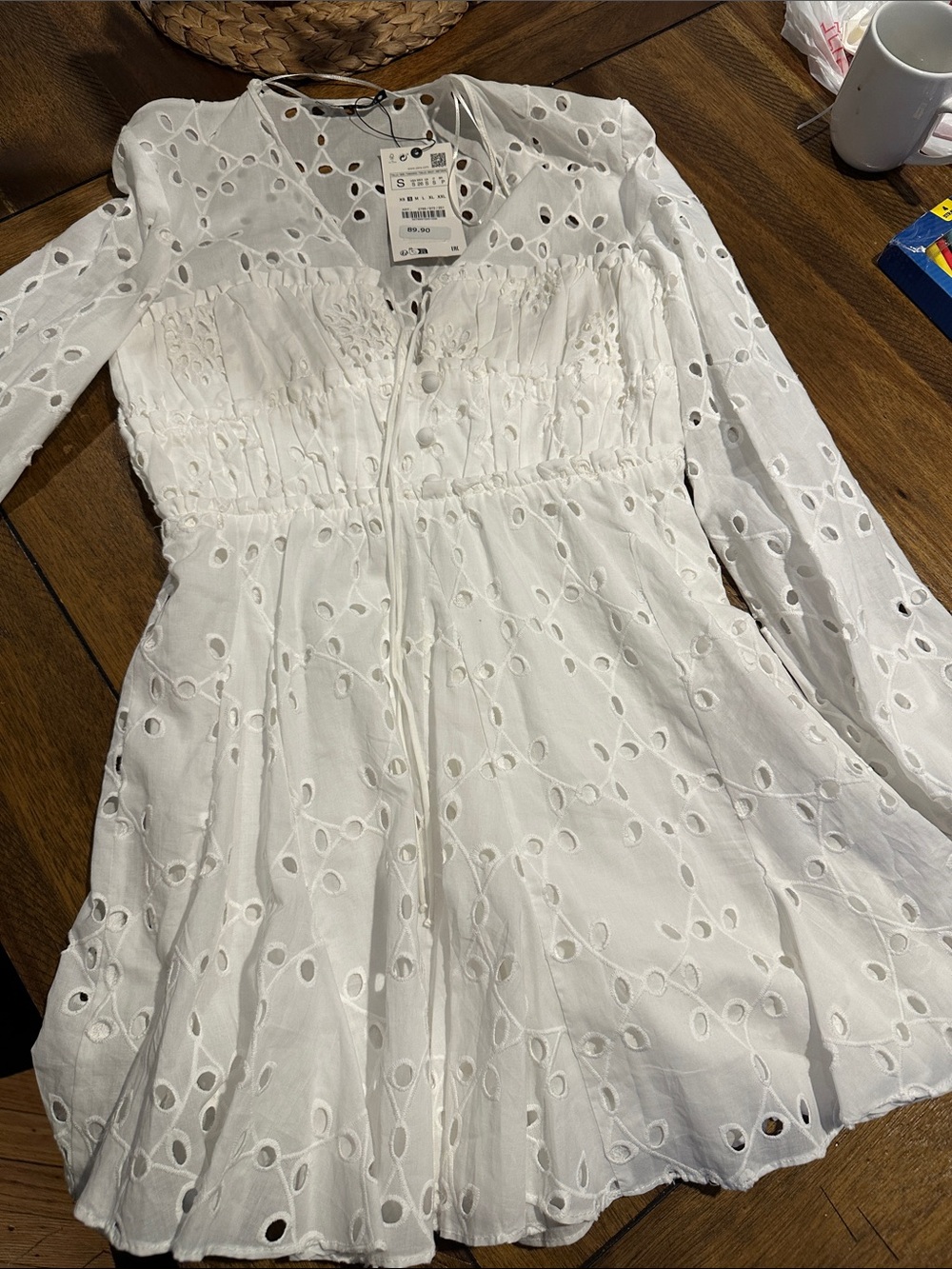Zara White Eyelet Long-Sleeve Mini Dress